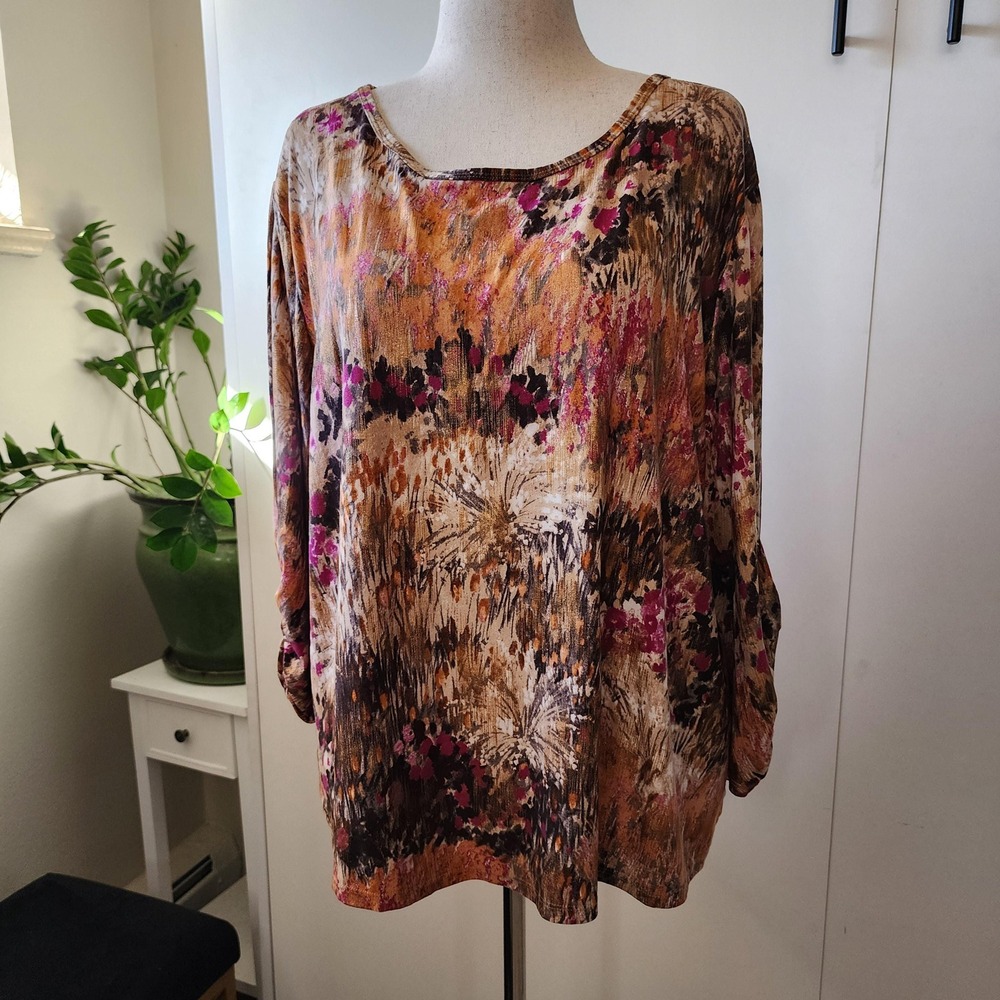 Peter Nygard Womens 2X Abstract Top Brown Gold Pink 3/4 Ruched Sleeve Blouse